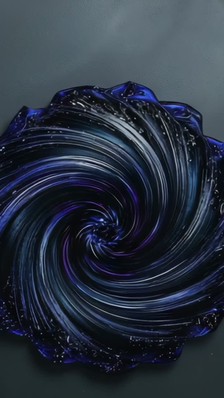 Vertical video: Starting rotation, black glittery blob spinning on matte table revealing blue rim