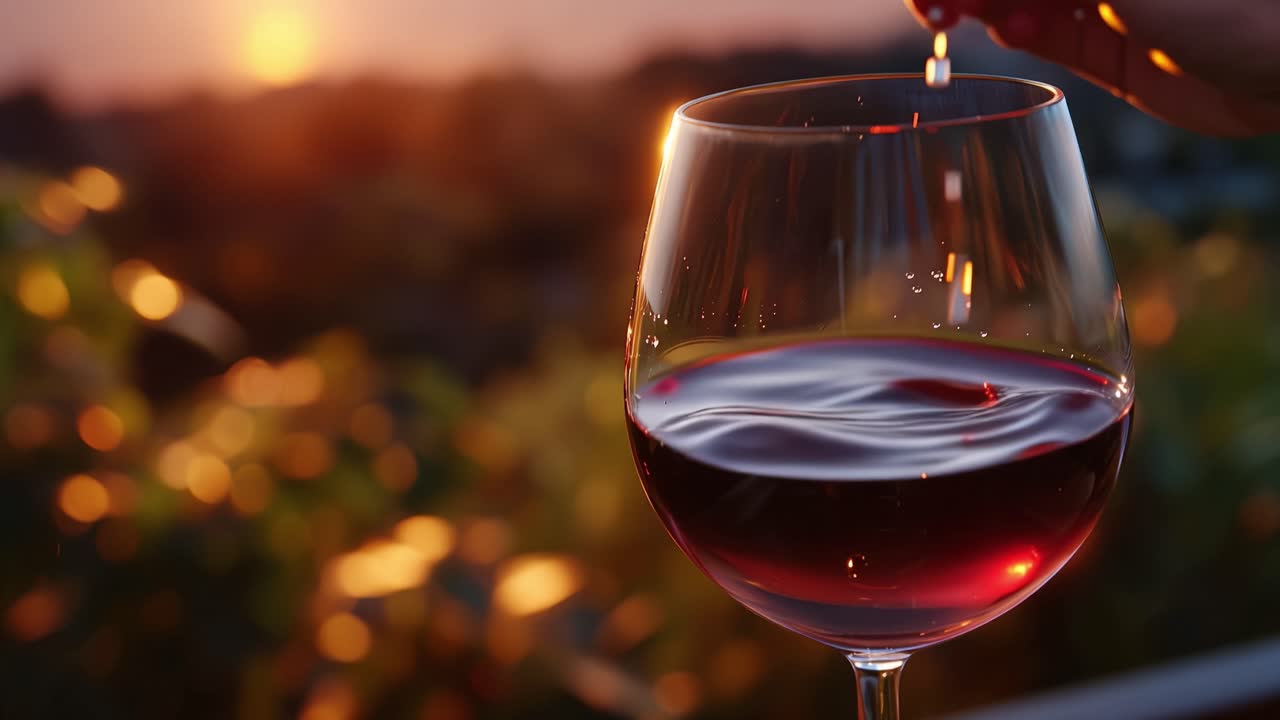 Sunset bathes a wine glass in warm, glowing light. Red wine glistens, swirling softly in the glass. Background blur hints at vineyard rows and distant hills