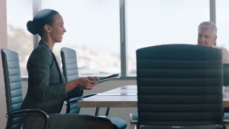 beautiful business woman sitting at boardroom table preparing for corporate meeting in conference room executive female in office 4k
