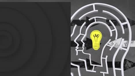 animation of human head with lightbulb and circles on gray background