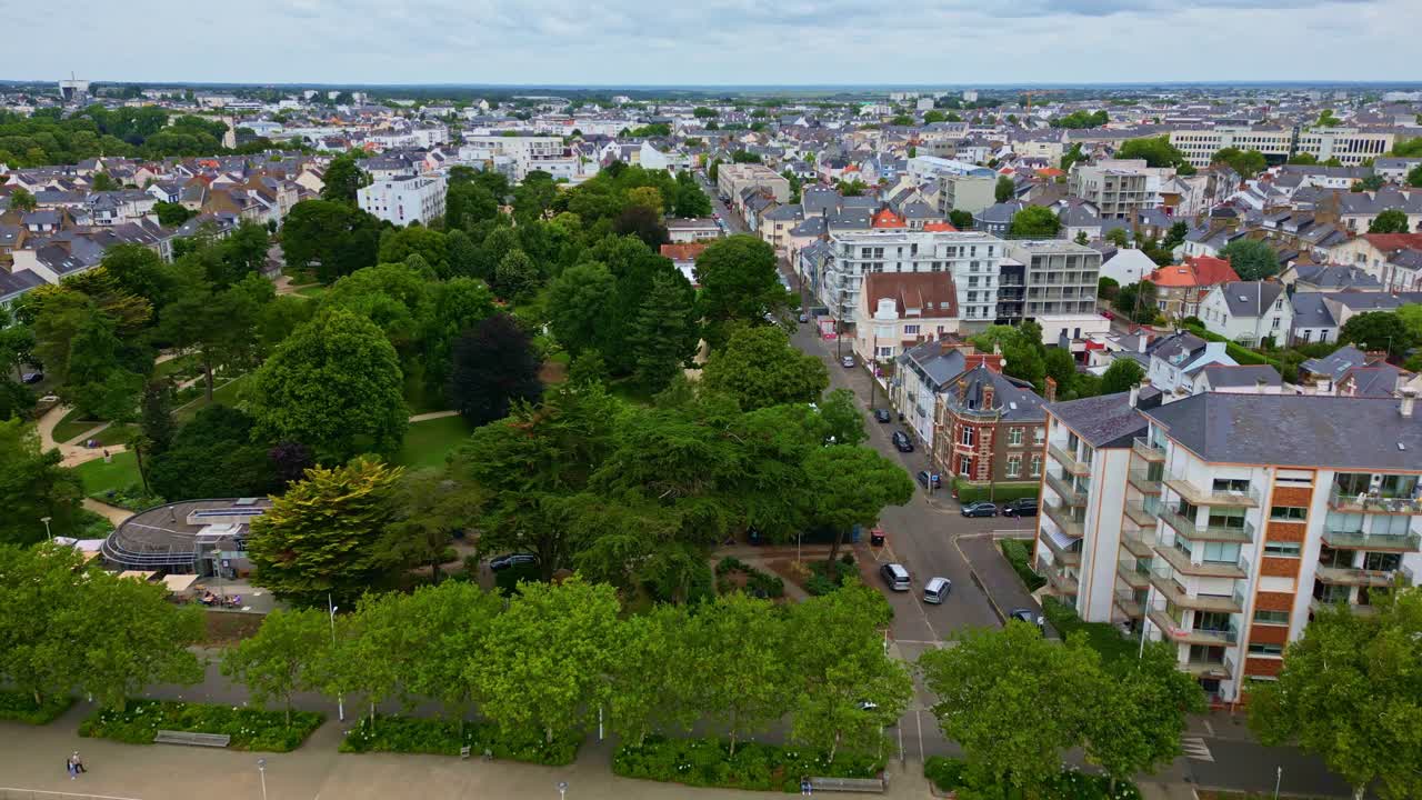 Forward drone movement of the Botanical Garden urban residential area with modern houses, Saint-Nazaire, Loire-Atlantique, France