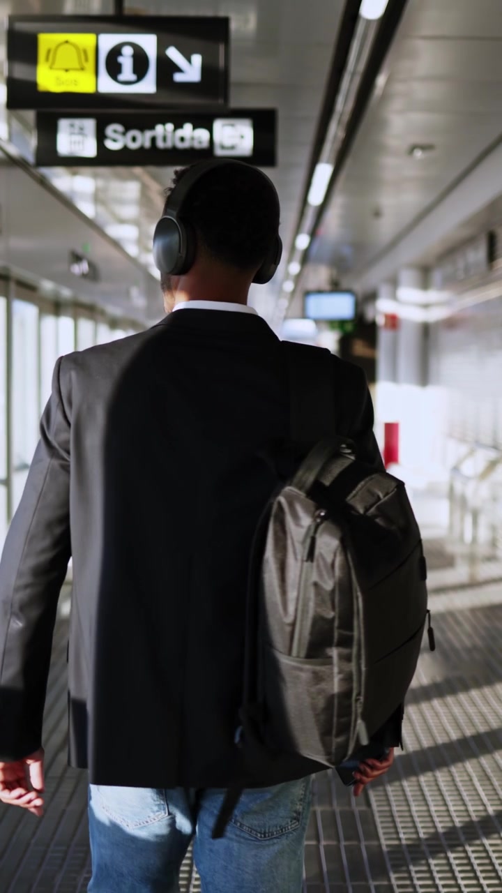 Empresario con mochila y auriculares caminando por la terminal del aeropuerto