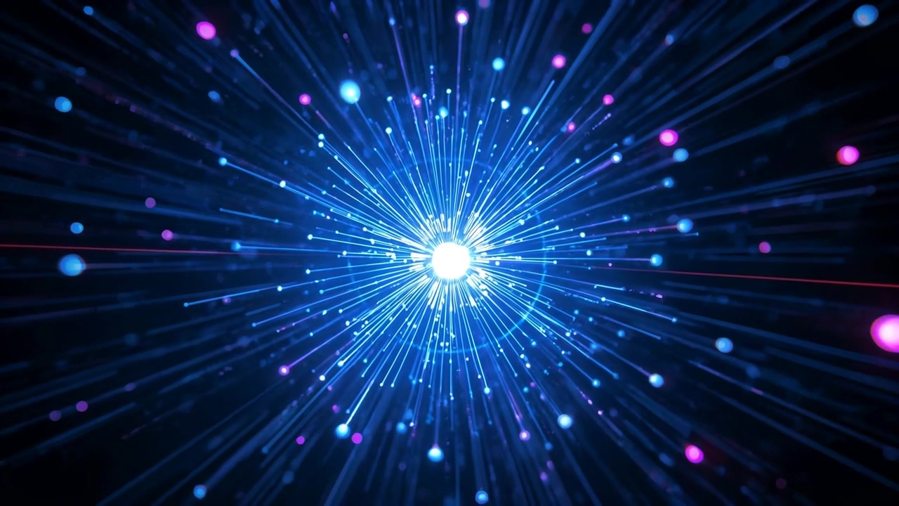 Starting white-blue core brightening zooming in void spokes blue-magenta dots red streak surging