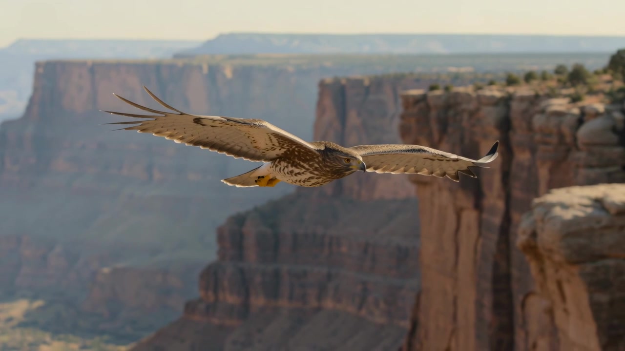 Rapace in planata che entra da sinistra e segue il bordo del canyon mantenendo l'altitudine oltre uno sperone roccioso.