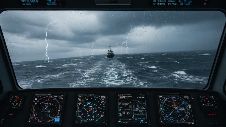 Un'avventura in mare in tempesta: navigare tra onde fragorose e fulmini dalla sala di controllo di una nave in mare.