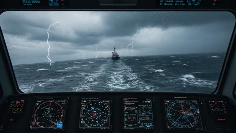 a stormy sea adventure: navigating through thunderous waves and lightning from the control room of a ship at sea