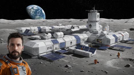 exploring the lunar station: a journey to a future on the moon with astronauts and high-tech facilities under the earth’s glimmering view from space