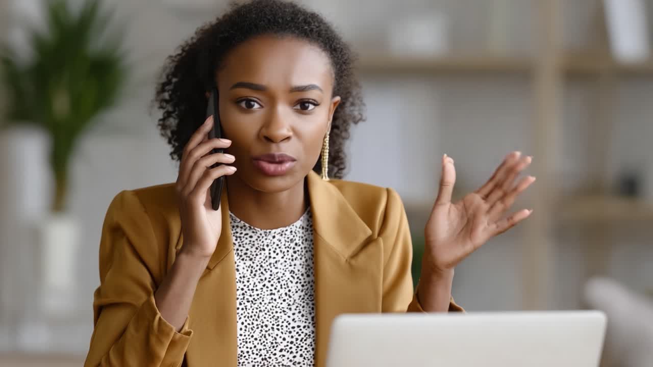 A Young Woman Engaged in a Heated Phone Conversation While Working on Her Laptop, Expressing Emotions and Gestures in a Modern Workspace Setting