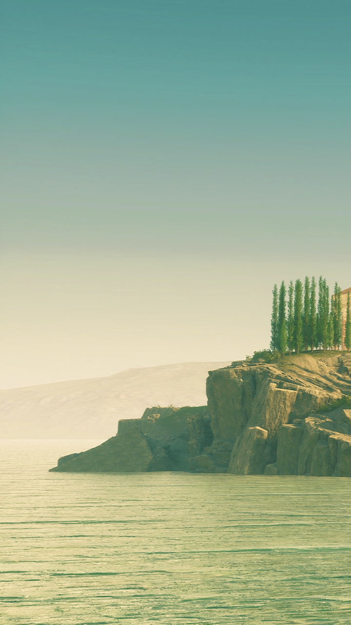 Scenic coastal view with trees and rocky cliffs at dawn