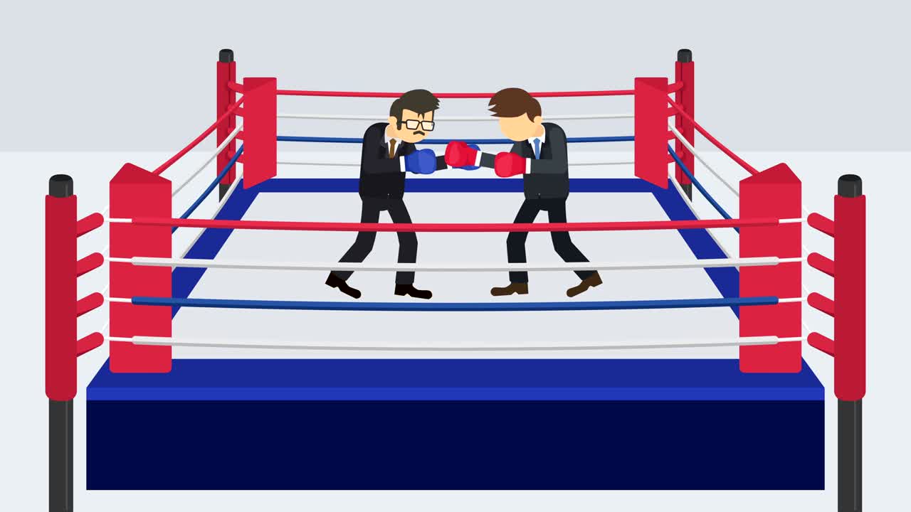 la batalla del hombre de negocios en guantes de boxeo. concepto de competencia de negocios. ilustración de bucle en estilo plano.