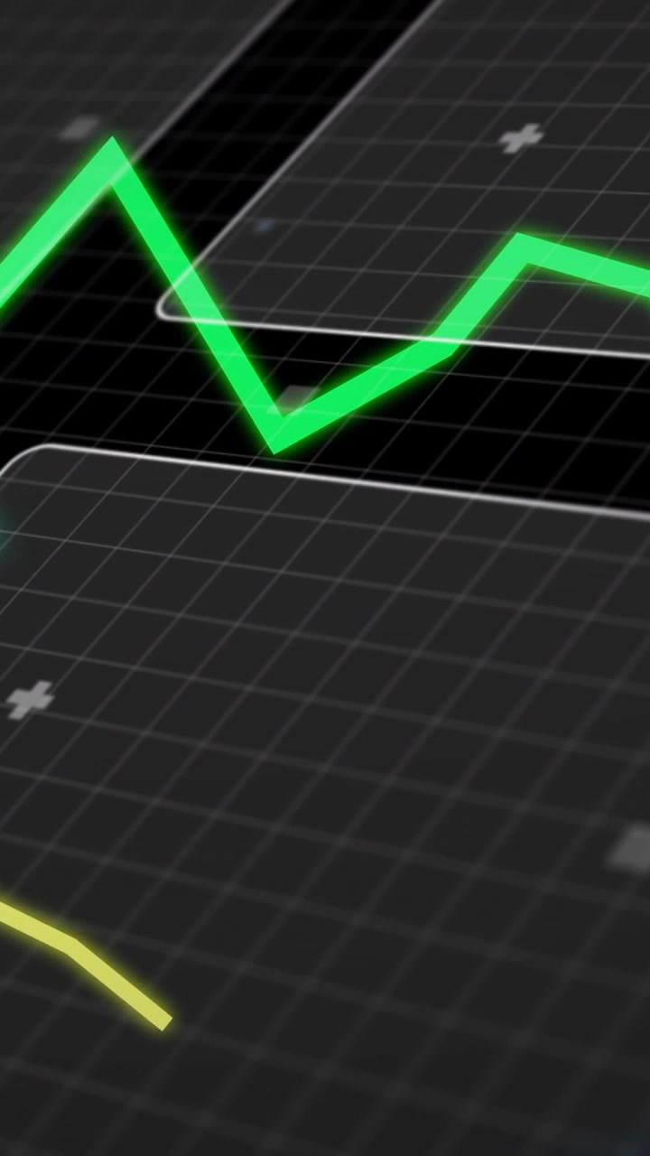 Vertical video: Blue circular UI appearing, green line drawing across grid, visualizing live data