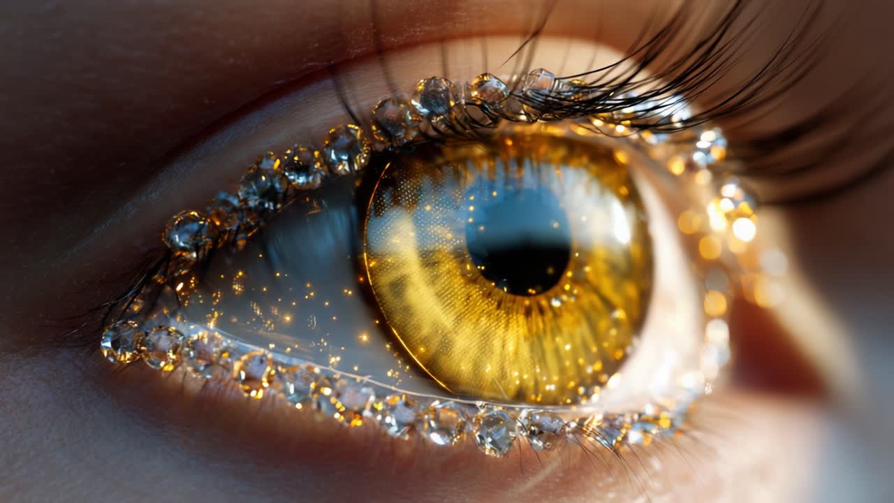 A Captivating Close-Up of a Brilliant Eye Adorned with Glittering Crystals and Mesmerizing Colors, Showcasing Intricate Details and a Dazzling Sparkle That Evokes Wonder and Awe