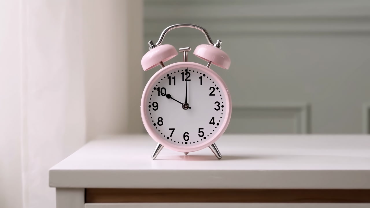 Pink Alarm Clock On Bedside Table, Closeup Of Pastel Analog Clock With Moving Minute Hand At, Soft Sunlight