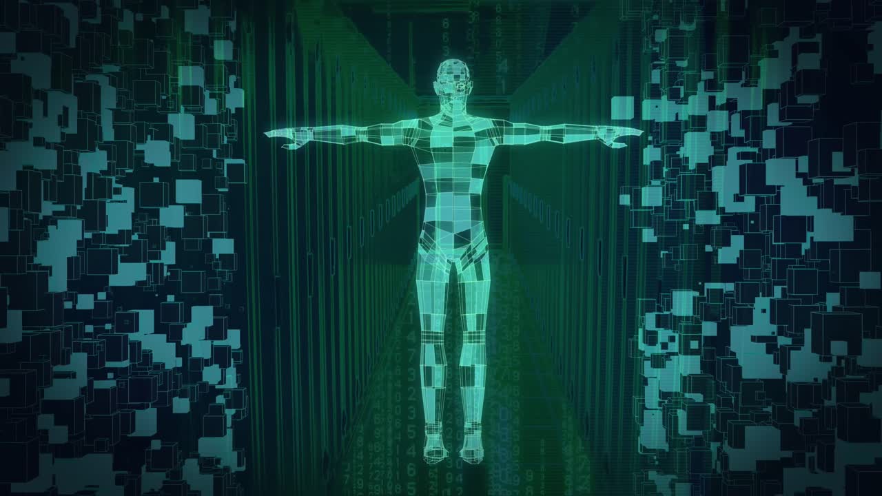 Animation of shapes and digital human over server room