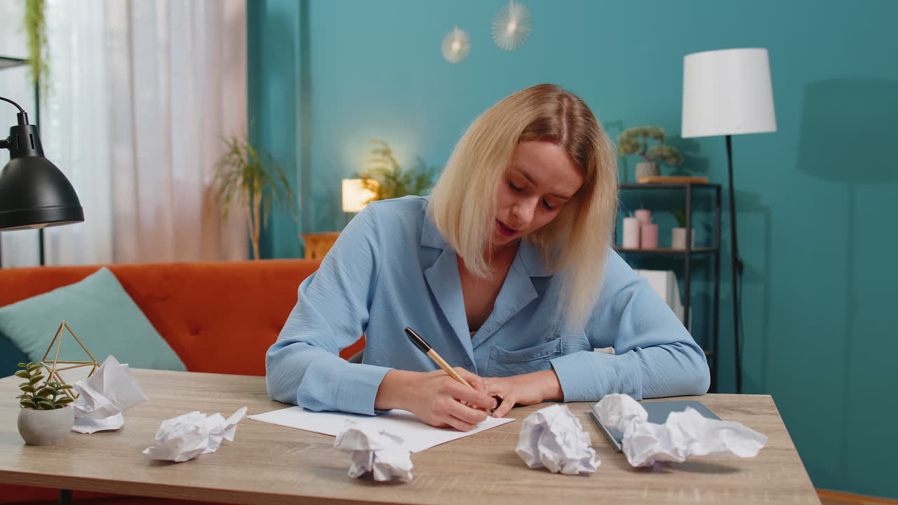 Angry furious woman working at home throwing crumpled paper having nervous breakdown failure at work