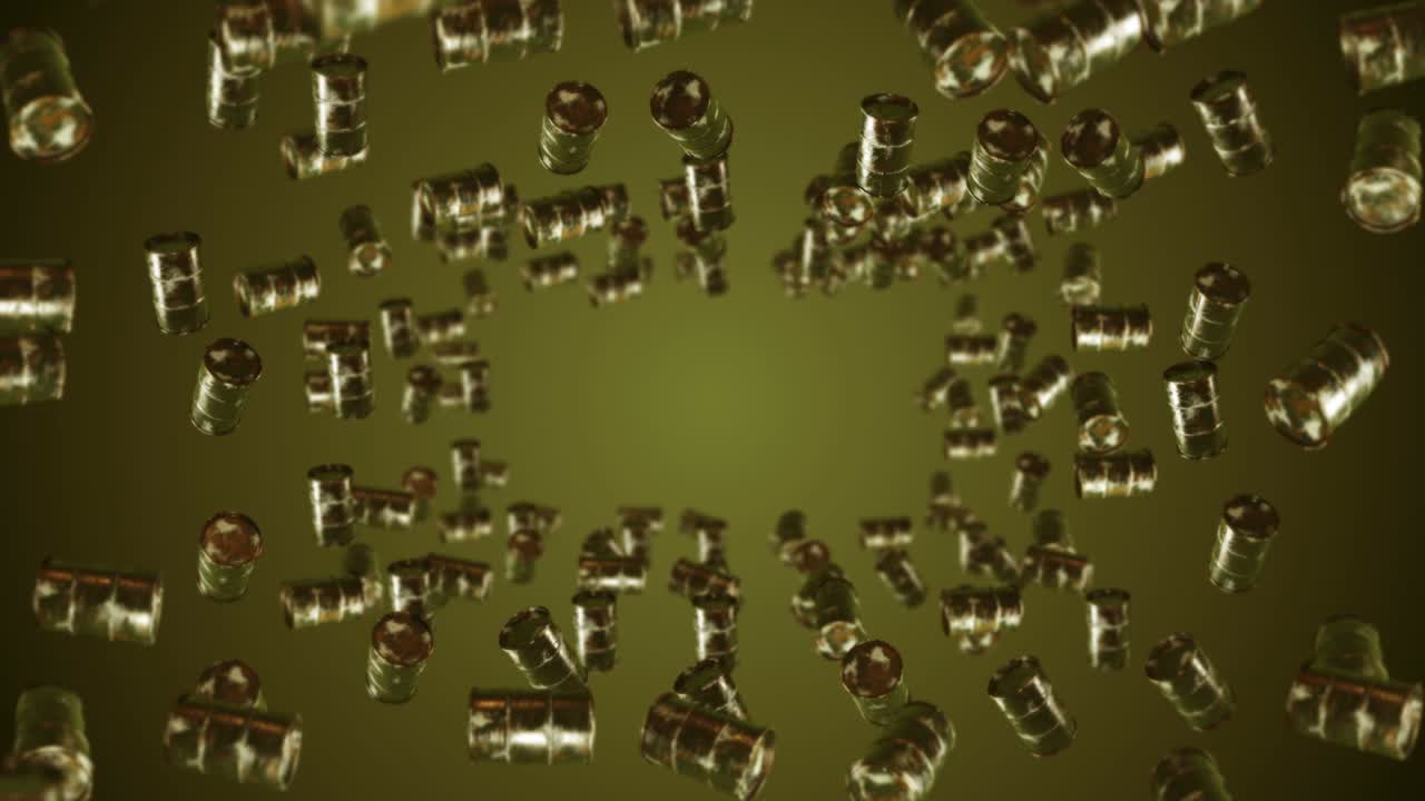 volando muchos tambores de combustible viejos en fondo marrón. industria química, barriles de metal. animación 3d del tanque de petróleo girando. animación de bucle.