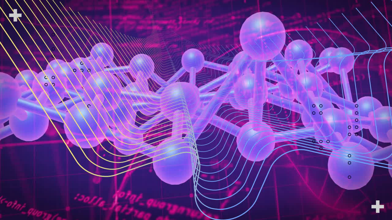 Flowing lines and mathematical equations in pink hues, abstract molecular animation