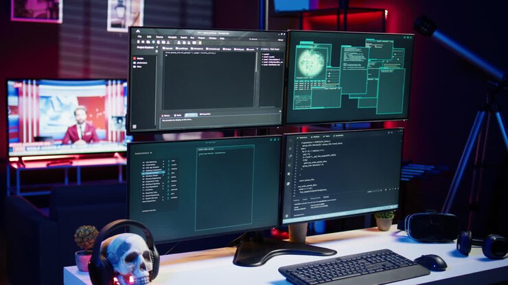 Lines of code displayed on computer monitors