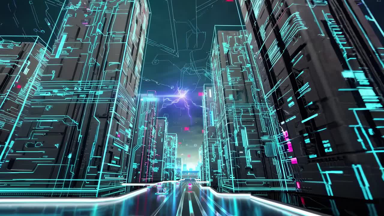 Futuristic cityscape with neon-lit skyscrapers, viewed from a low-angle