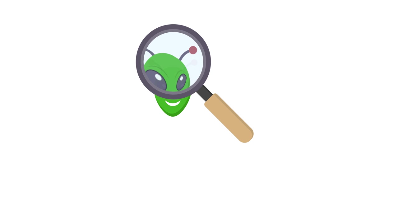 Animated Magnifying Glass Inspecting a Green Alien Face