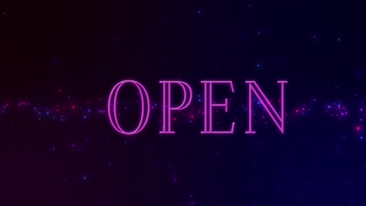 animación de la palabra abierta en letras de neón rosadas con luces rojas y azules en movimiento sobre fondo negro