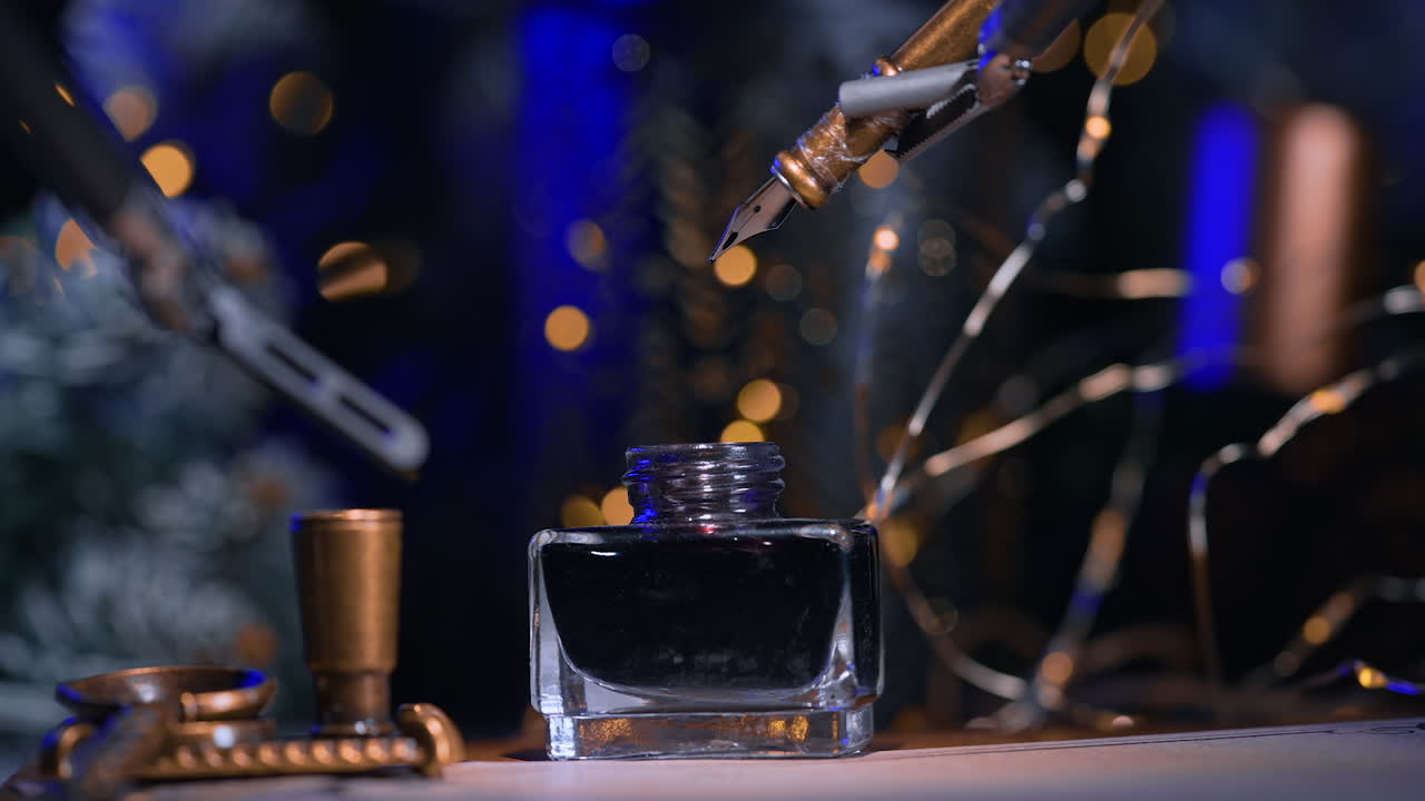 Robot Da Vinci holding a writing pen and dips it into bottle with ink. Dark blurred backdrop with some lights.