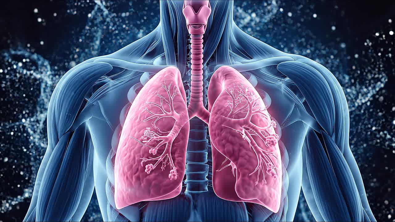 Torso umano trasparente che mostra i polmoni e il sistema respiratorio evidenziati in rosa su sfondo anatomico blu