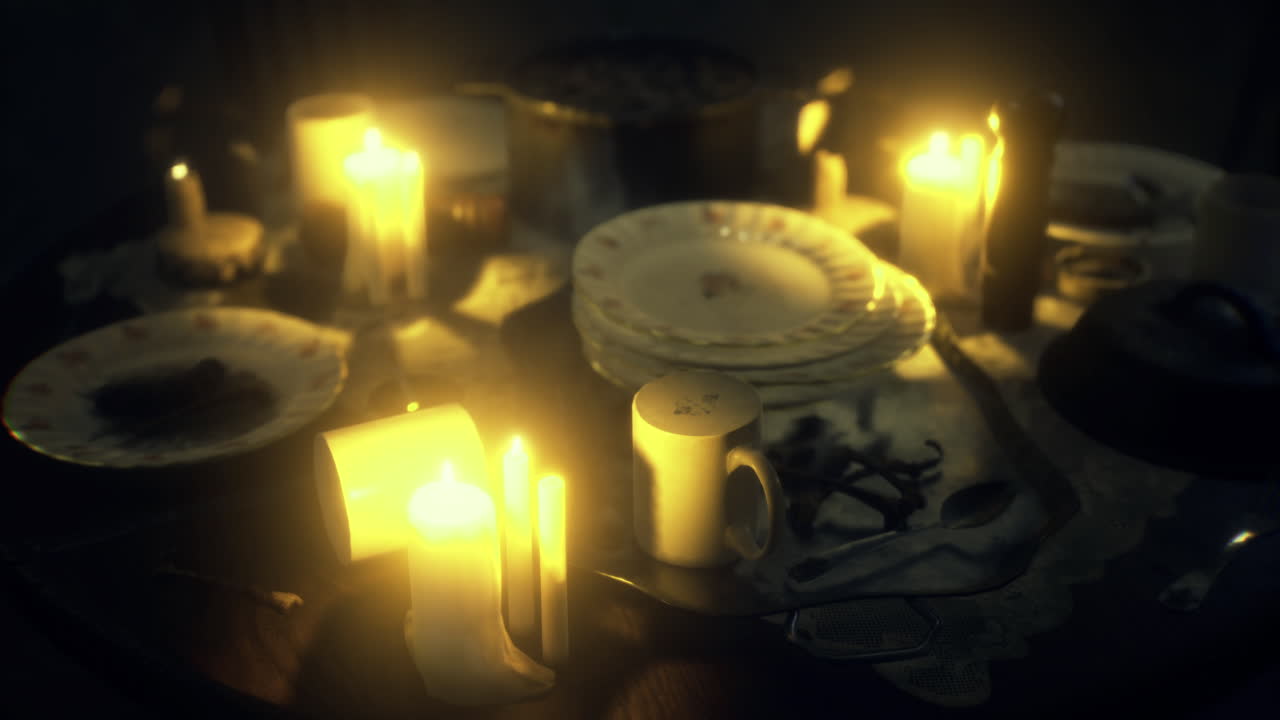 Candlelit dinner setting revealing forgotten moments and untouched meals