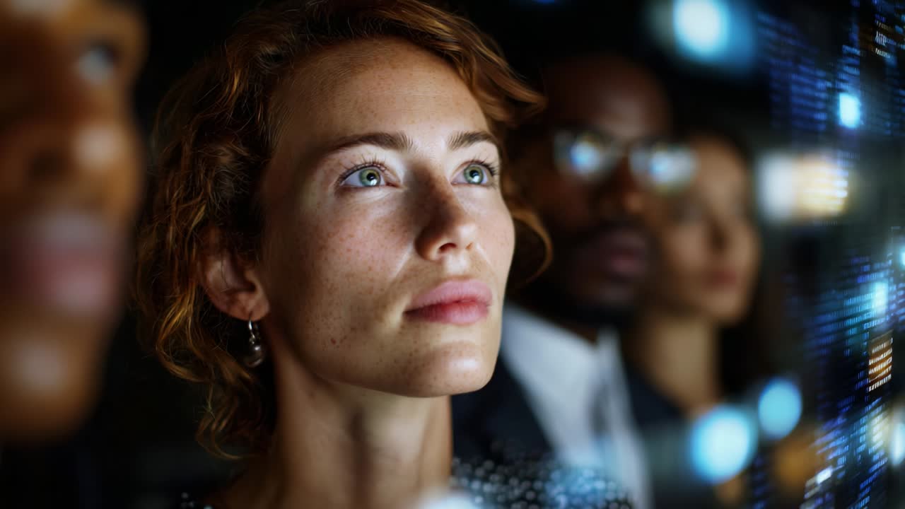 A Group of Individuals Engaged in Thoughtful Observation, Featuring a Close-Up of a Woman with Intense Focus and Natural Beauty, Surrounded by Companions in a High-Tech Environment, Reflecting Curiosity and Insight