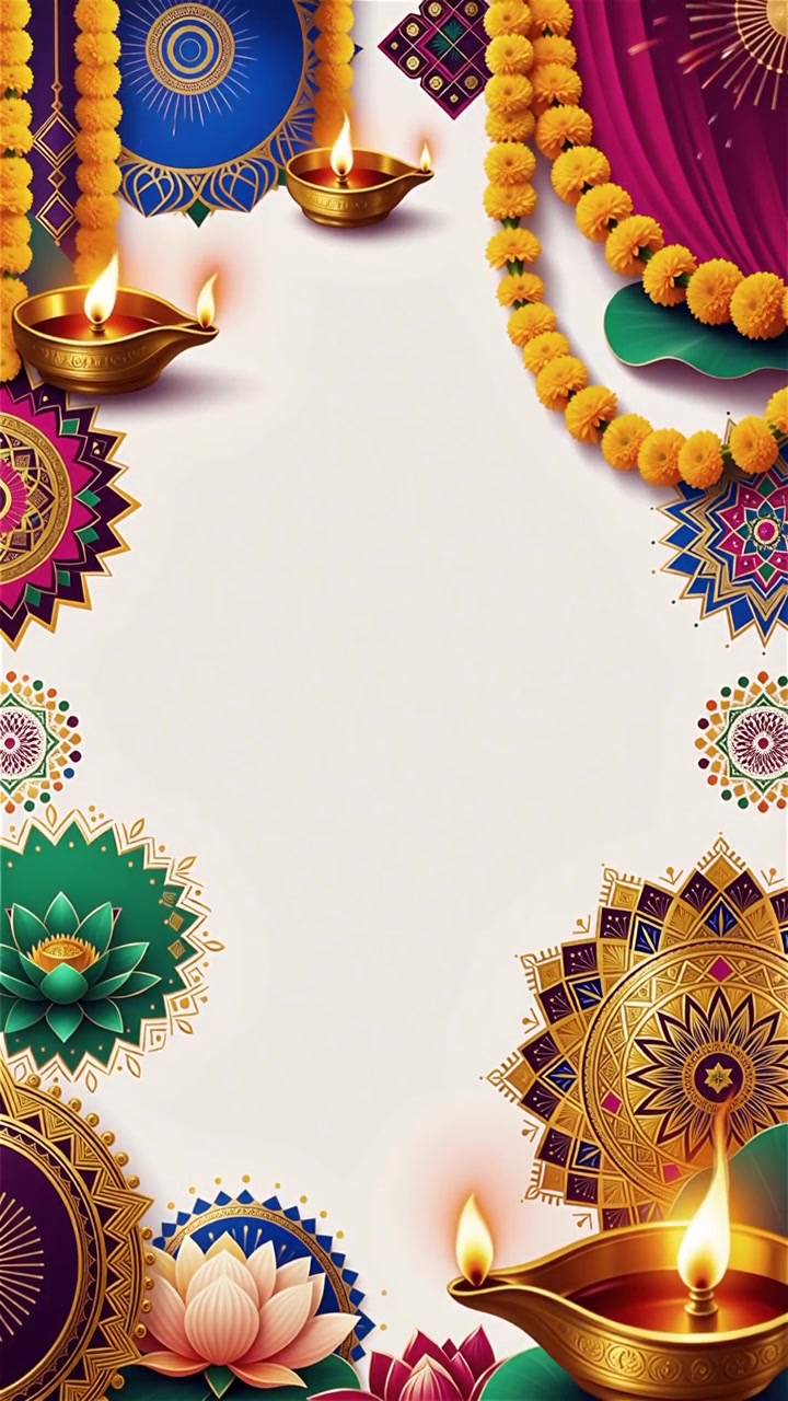 Sfondo Diwali con Diyas luminosi, Rangoli e fiori di loto