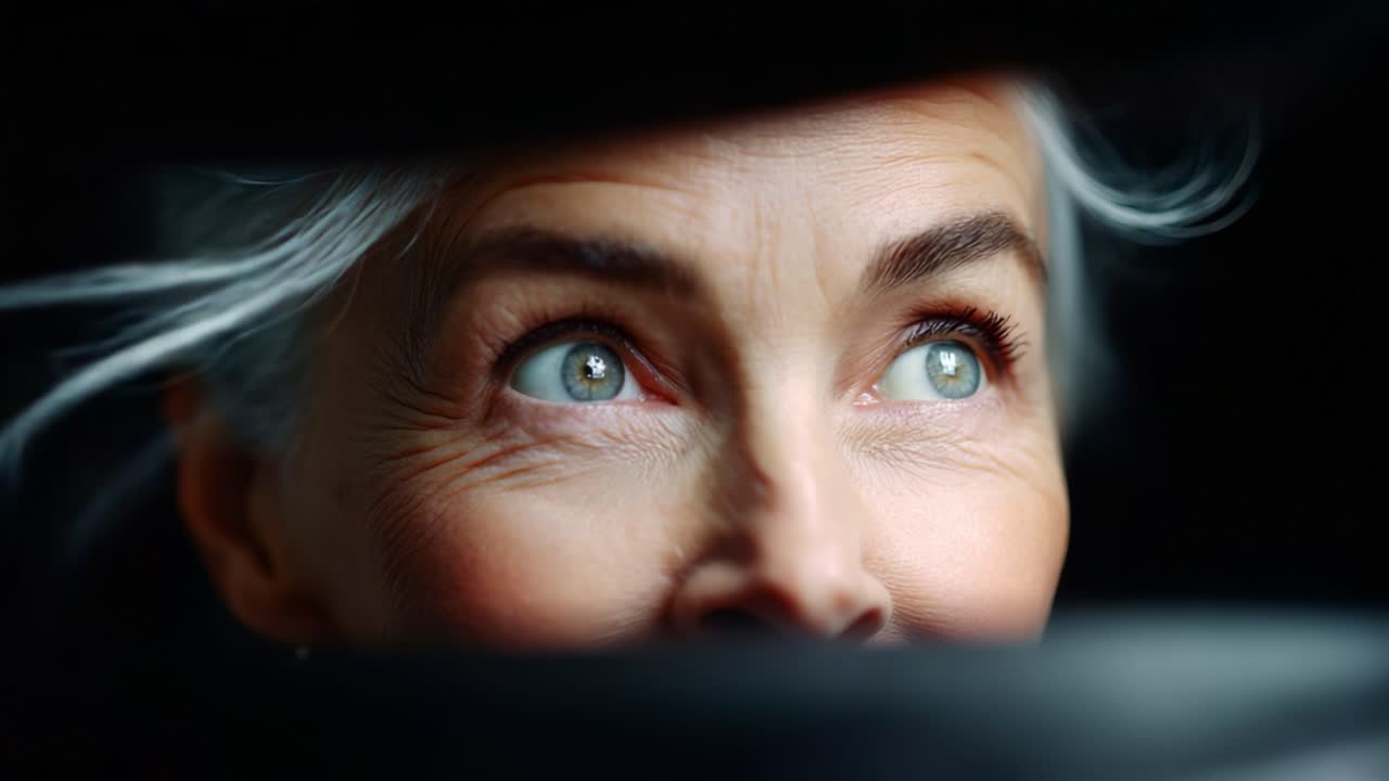 Close-up Portrait of a Mature Woman Gazing Through a Gap, Showcasing Her Striking Eyes and Graceful Expression, Highlighting Beauty and Introspection in an Elegant Setting