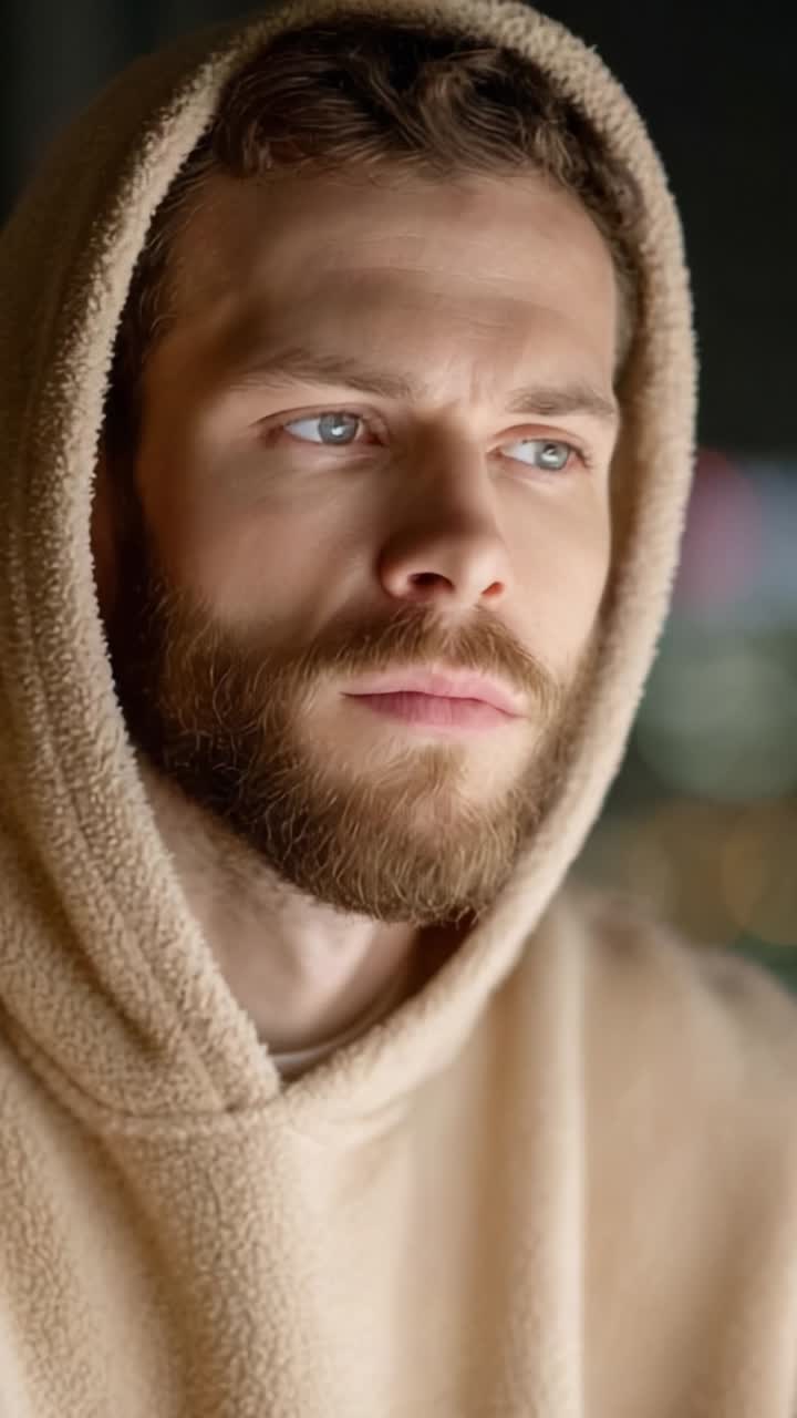A thoughtful young man in a cozy hoodie reflects on life, showcasing intense blue eyes and a well-groomed beard, embodying a moment of introspection and contemplation