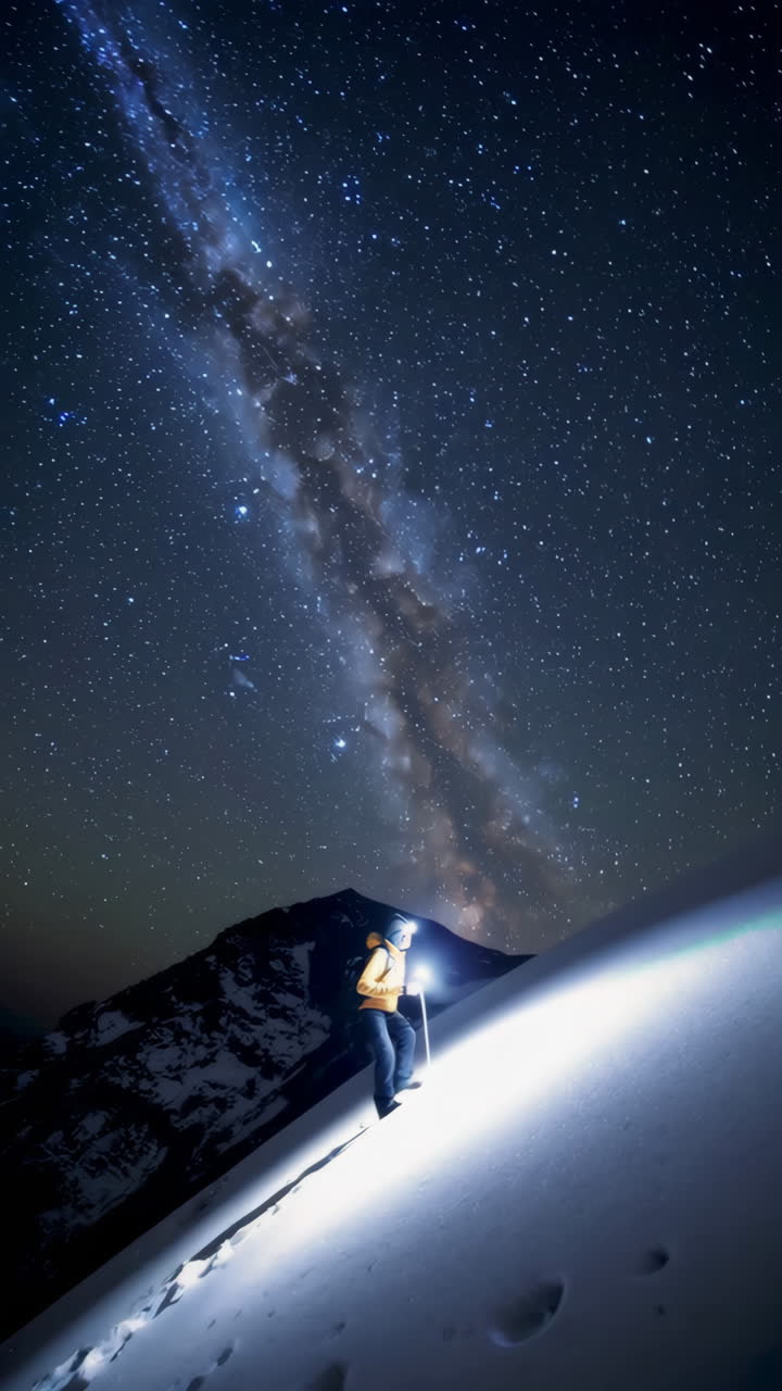 Person climbing snowy mountain under the Milky Way at night