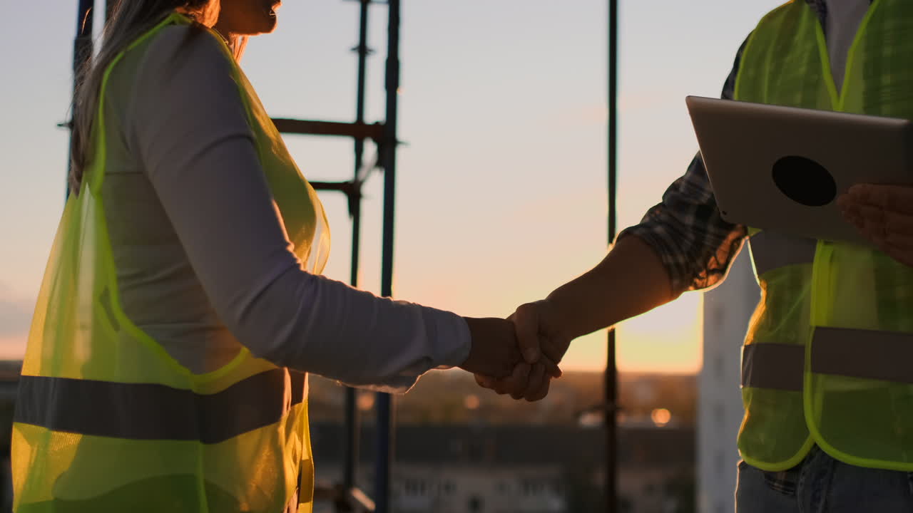 los constructores hombre con una tableta y una mujer en cascos blancos estrechan las manos al atardecer de pie en el techo del edificio