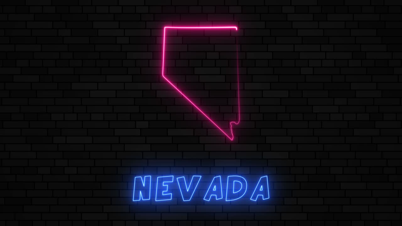 네바다 주 지도 그림은 어두운 벽돌 벽 바탕에 네온 선으로 그려져 있습니다.