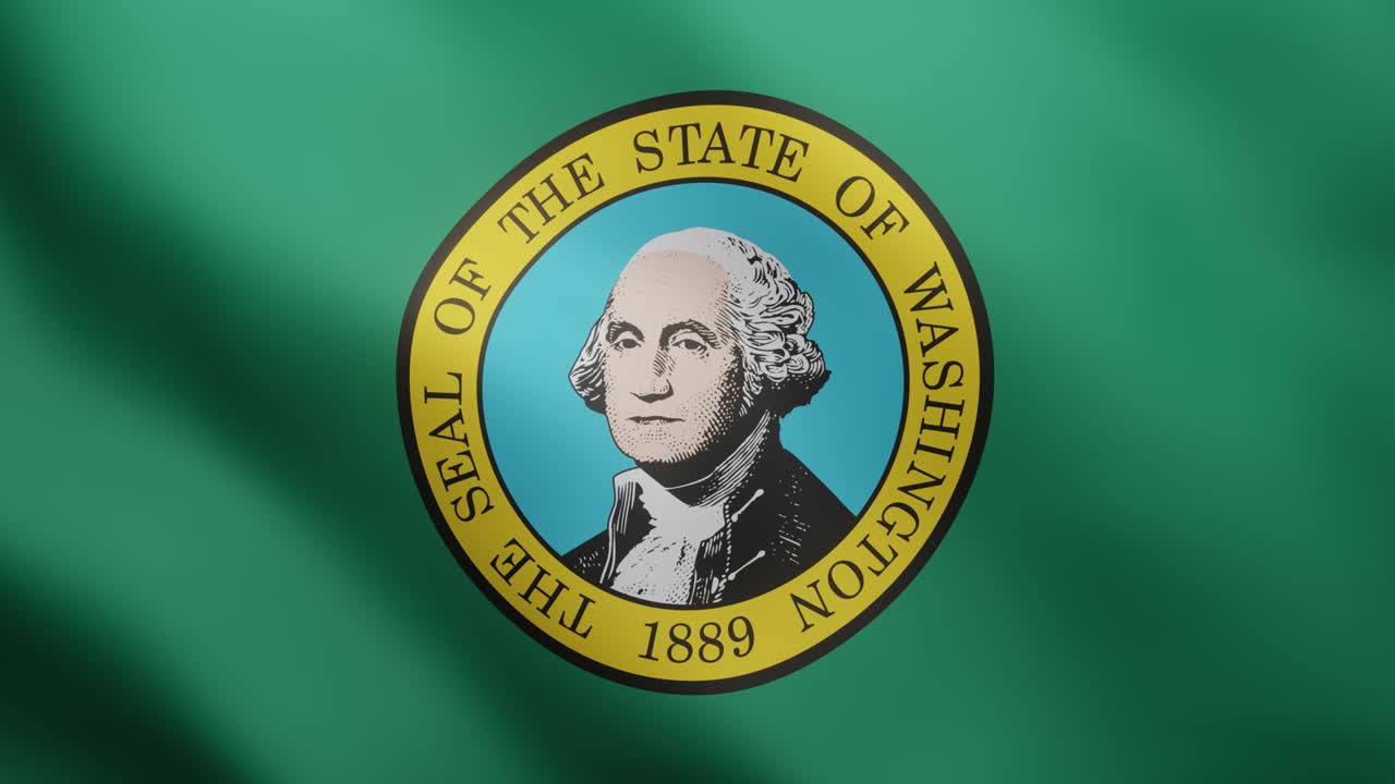 la bandera realista en 3d del estado de washington está revoloteando en el fondo de la brisa.
