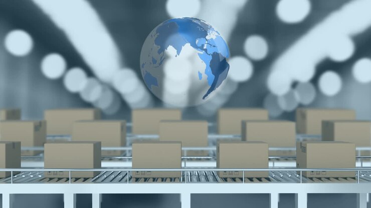 Animation of spinning globe over delivery boxes on conveyer belt against warehouse