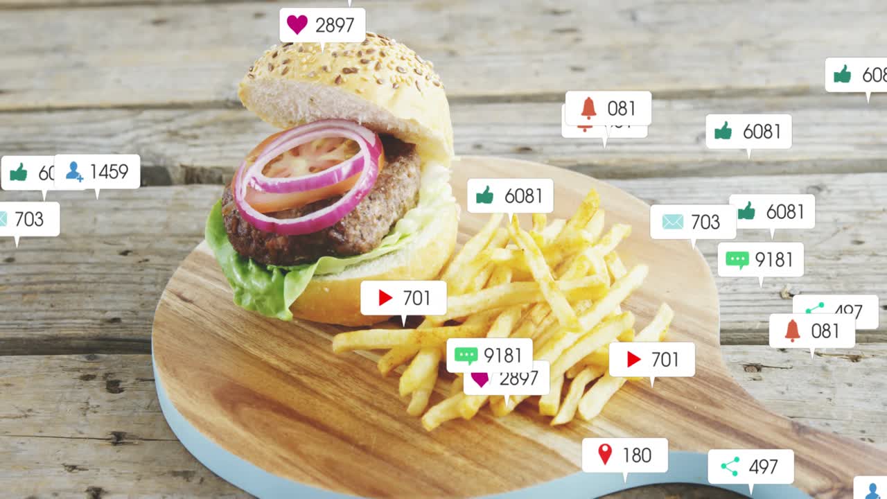 Social badges rising from right swarming seeded burger and fries popping, fading to show engagement