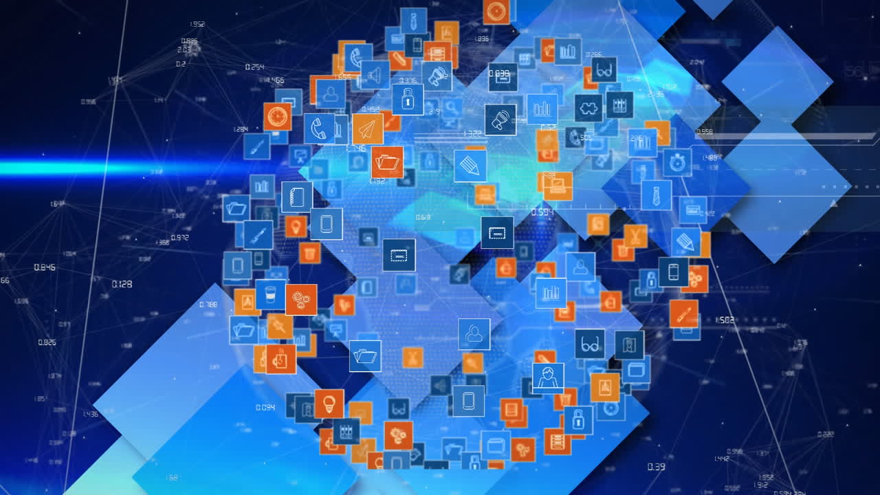 globo de iconos digitales girando y punto de luz contra el diseño de forma cuadrada sobre fondo azul