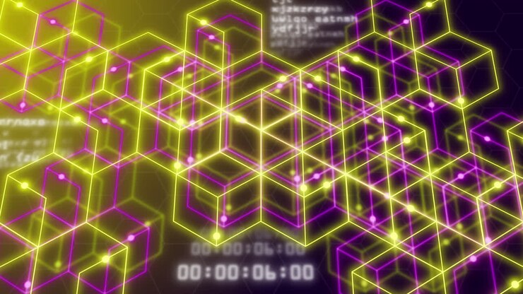 Animasjon av neon integrert krets på gul og lilla bakgrunn