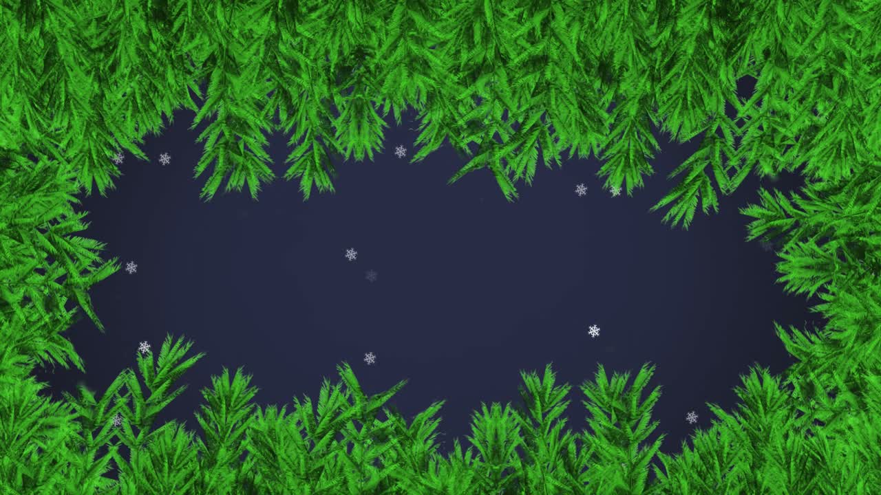animación digital de hojas verdes que forman un marco contra la nieve que cae sobre un fondo azul