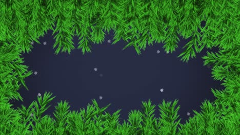 Digitale-Animation-Grüner-Blätter,-Die-Einen-Rahmen-Vor-Schnee-Bilden,-Der-Auf-Blauen-Hintergrund-Fällt