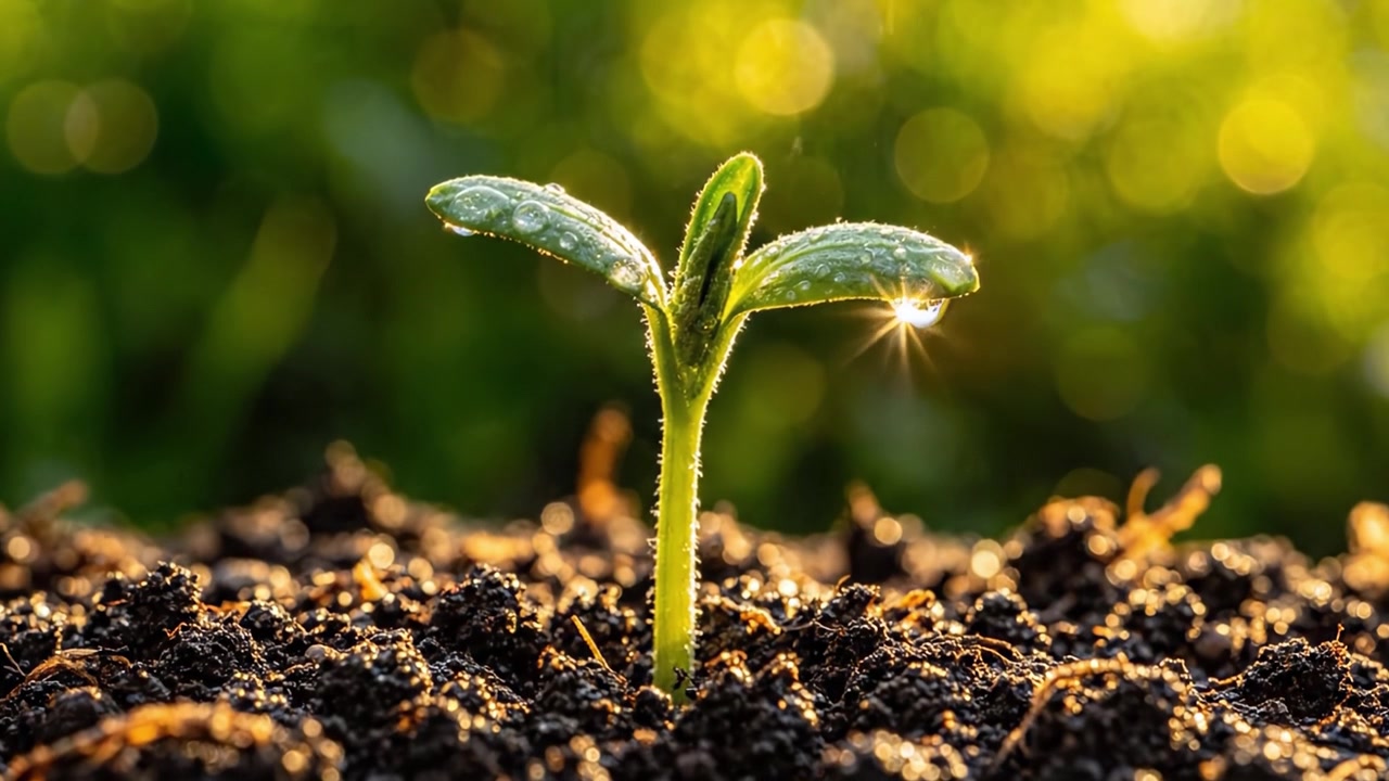豊かな土壌から芽生える若い植物。自然の回復力と生命の循環を強調する美しい一連の映像で捉えられた成長の旅。