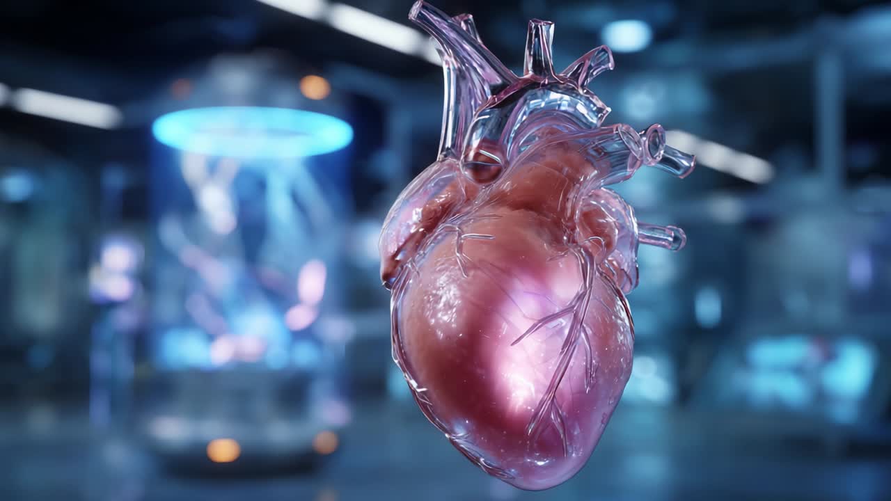 A detailed visualization of a human heart in a futuristic lab setting, showcasing realistic anatomical features, vibrant colors, and advanced technology reflecting medical innovation and education