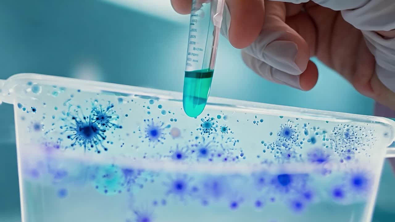 primer plano de la mano de un científico con guantes sosteniendo una pipeta sobre una placa de petri en un laboratorio