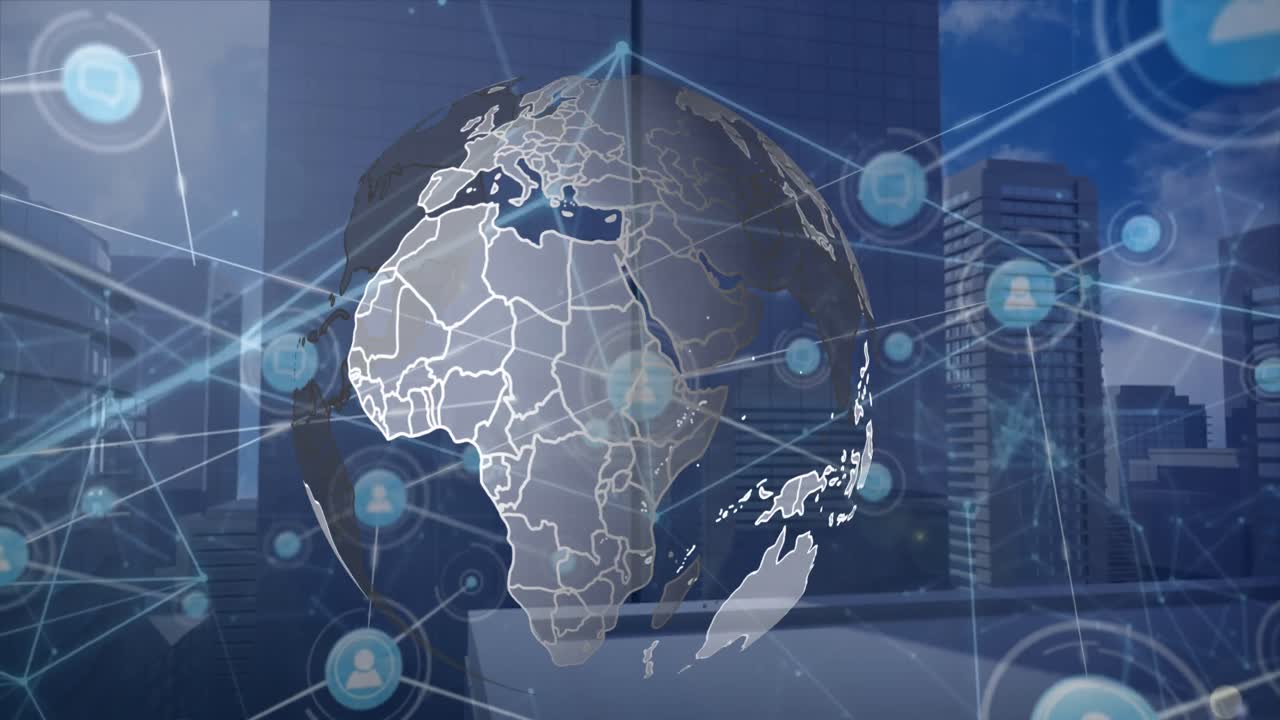 Animation of network of digital icons over spinning globe against tall buildings