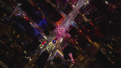 Aerial-birds-eye-overhead-top-down-view-of-Times-Square.-Rocket-shot-of-colourfully-illuminated-visual-tourist-attraction.-Manhattan,-New-York-City,-USA