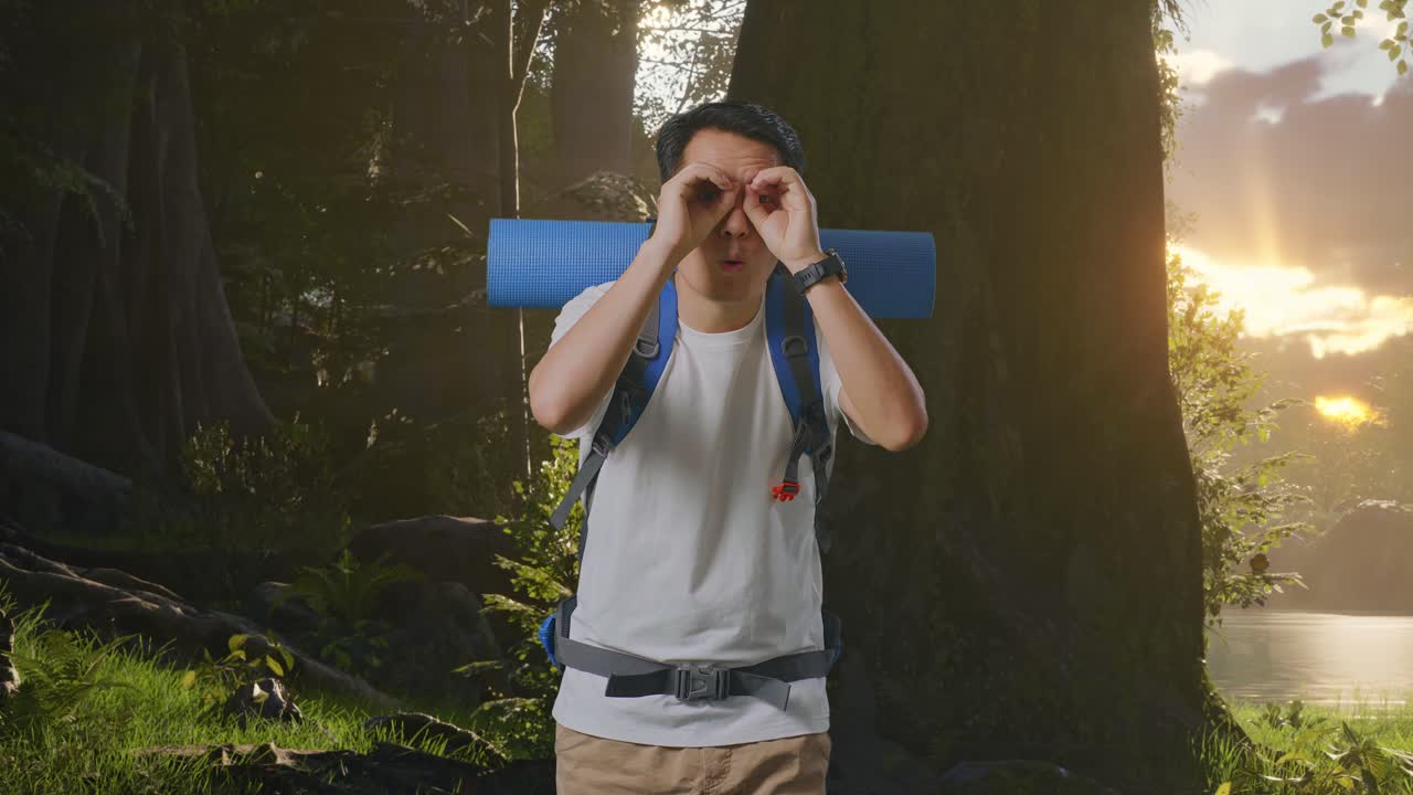 산악 배을 들고 있는 아시아 남성 산책객이 안경을 들고 무언가를 바라보는 몸짓을 하고 숲의 자연을 탐험하면서 와우라고 말합니다.