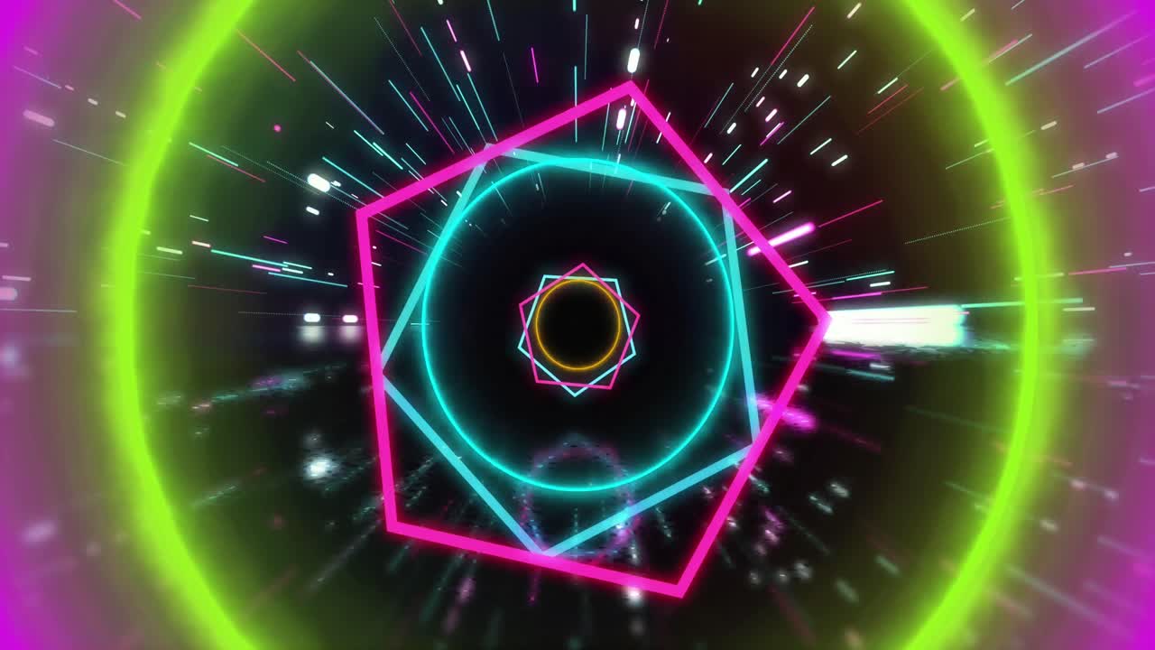 검은색 배경 위에 움직이는 네온 모양의 애니메이션