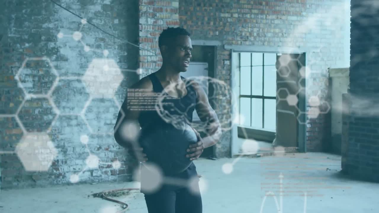 버려진 건물에서 공으로 운동하는 사람에 대한 통계와 그래프의 애니메이션